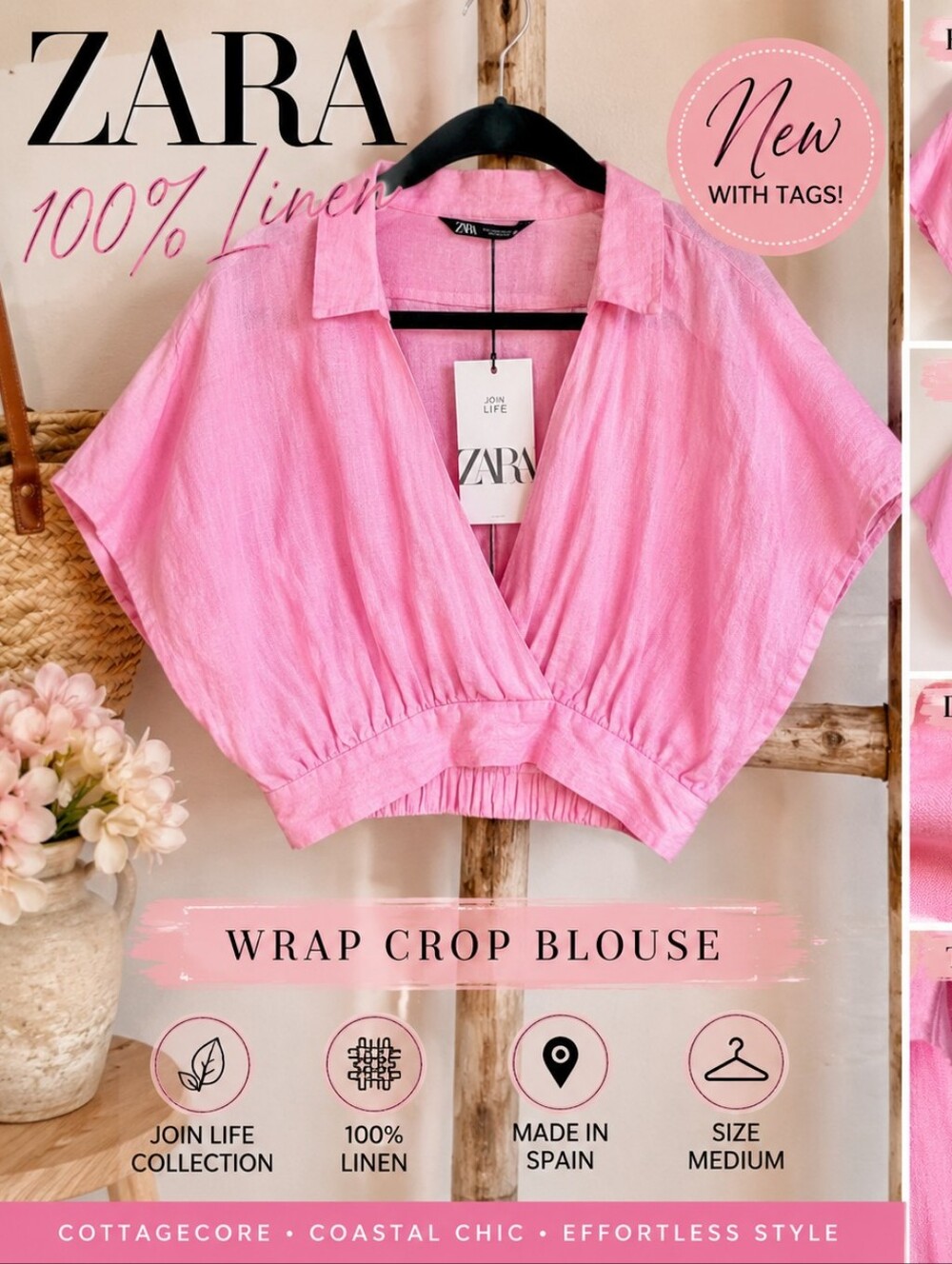 Zara NWT 100% Linen Pink Barbiecore Wrap Crop Blouse Top Join Life Size Medium